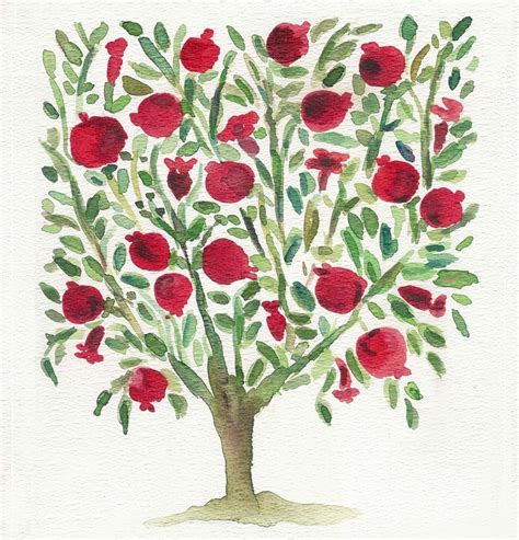 The Pomegranate Tree original watercolor painting in Red Green