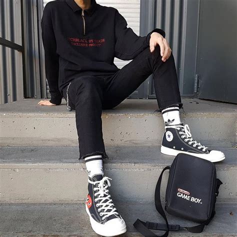 Cdg Converse Outfit Men, Black Converse Outfits, Boy Fashion, Korean ...