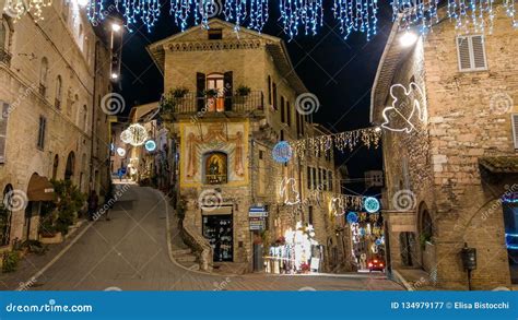 Medieval Street of Assisi with Christmas Decorations at Winter Night ...