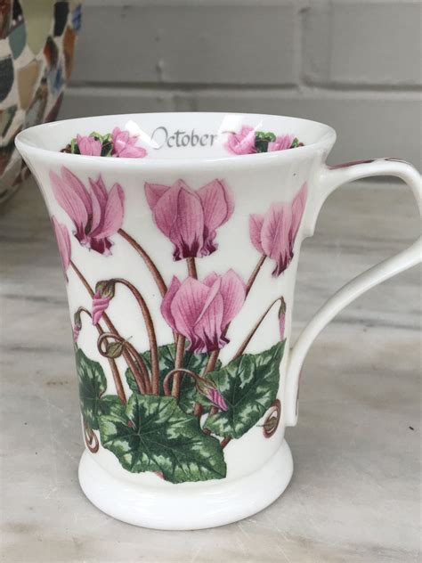 vintage Dunoon Flower of the Month mug, Cyclamen October, Kathy Pickles, bone china England ...