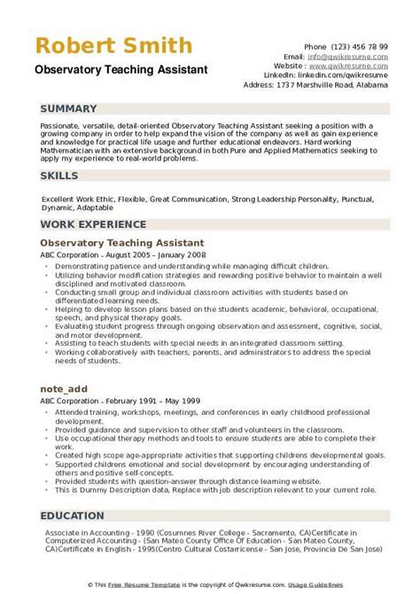 Resume Template For Teaching Assistant