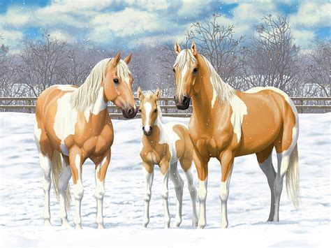 Palomino Paint Horses In Winter Pasture Painting by Crista Forest