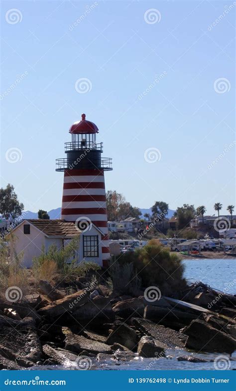 Lake Havasu Lighthouses stock photo. Image of blue, stripped - 139762498