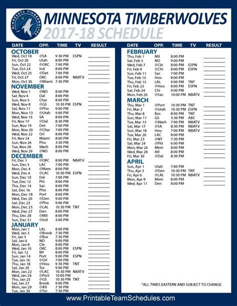 Timberwolves Schedule Printable