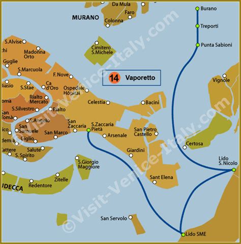 Water Bus Venice Vaporetto Map of Line 14 ACTV