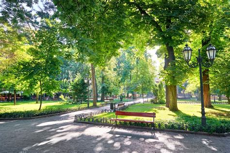 都市公園、明るい日差しと影、夏のシーズン、美しい風景の朝 — ストック写真 © soleg #117333914