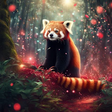 red panda in a magical forest filled with glitter falling from sky Epic cinematic brilliant ...