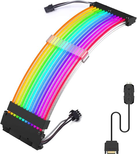 Zezzio RGB Extension Power Supply Sleeved Cable 24 Pin ATX with Controller for Cable Management ...