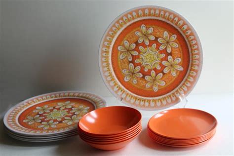 60s vintage melmac dishes, hippie mandala coral orange print melamine dinnerware set