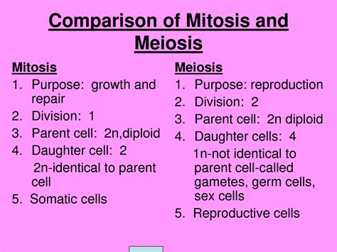 Mitosis Vs Meiosis Chart Biology