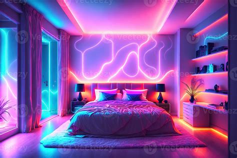 modern bedroom interior with neon lights glowing ambient in the evening ...