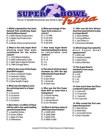 Super Bowl Trivia – Printable Games