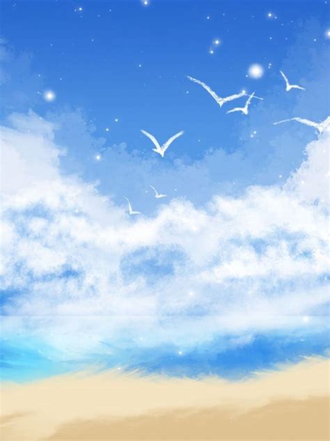 Full Hand Drawn Blue Sky White Clouds Seaside Illustration Poster ...