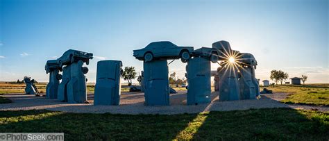 Sunset sunburst at Carhenge, Alliance, Nebraska, High Plains region ...