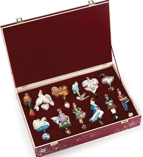 Reed & Barton 12 Days Of Christmas Ornaments Set Twelve Glass Wooden Storage Chest Gift | Christmas