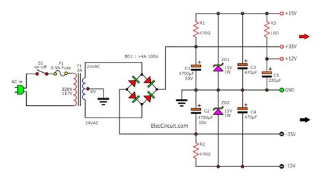 Power Supply for Audio Amplifier circuit,multiple output 12V, 15V, 35V