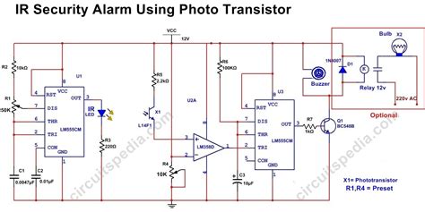 Infrared Security Alarm Using PhotoTransistor » Circuitspedia.com