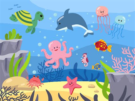 Seabed with mammals, underwater world. Animals of the sea. Background in cartoon style. Vector ...