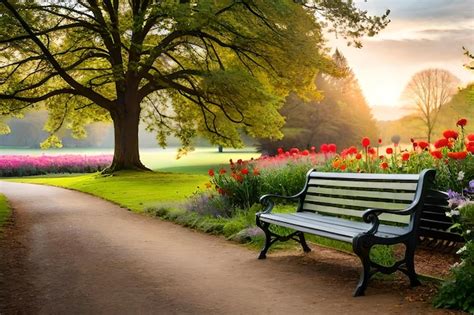 Premium Photo | A park bench with a sunset in the background