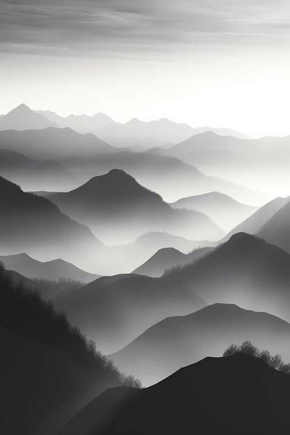 A black and white image of mountains with a mountain range in the background. | Premium AI ...