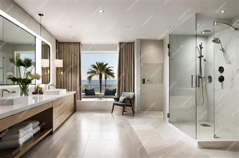 Premium Photo | A bathroom with a view of the ocean.