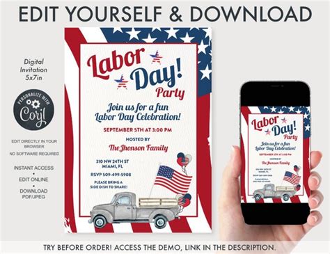 Labor Day BBQ Party Invitation Labor Day Editable Invitation - Etsy