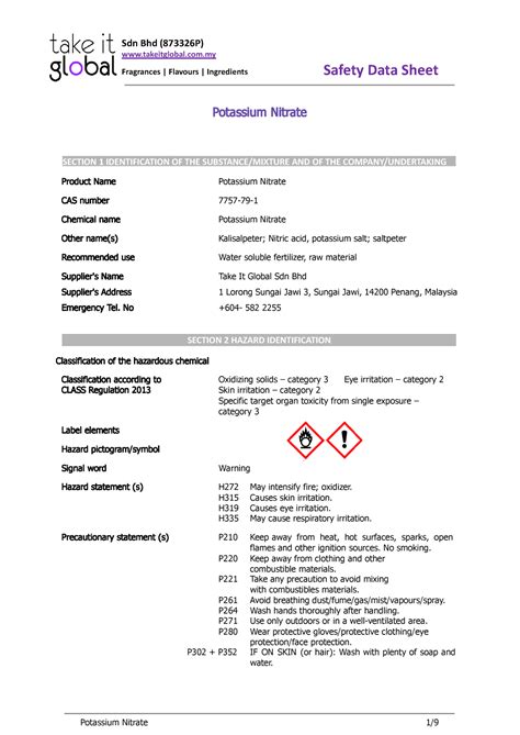 Potassium Nitrate MSDS - Sdn Bhd (873326P) takeitglobal.com Fragrances | Flavours | Ingredients ...