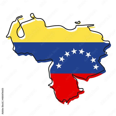 Stylized outline map of Venezuela with national flag icon. Flag color ...