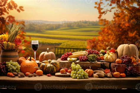 A heartwarming Thanksgiving background. Autumn landscape with golden leaves. A table adorned ...