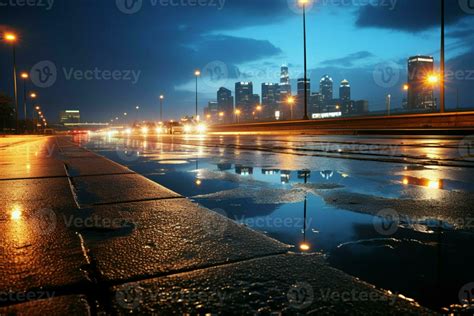 Night highway Side view asphalt road glows under city lights, urban ...