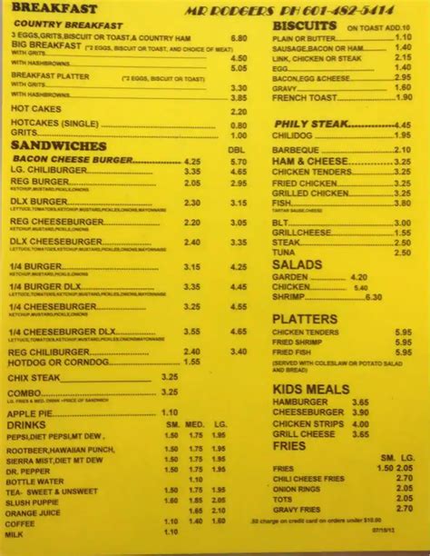 Menu of Mr Rodgers Hamburgers, Meridian, Meridian