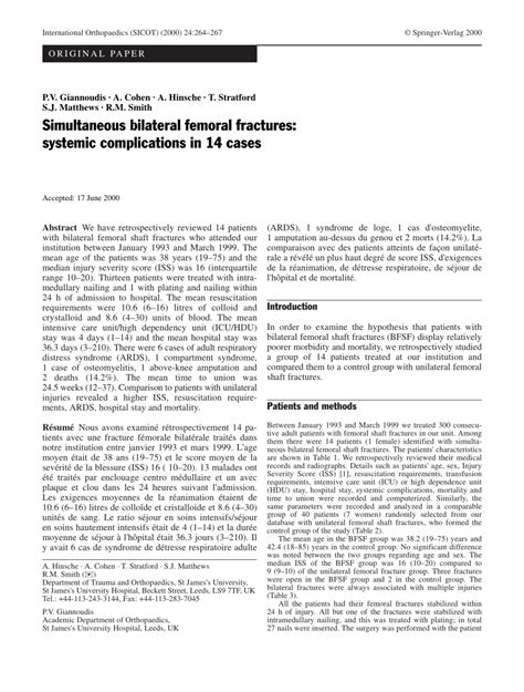 (PDF) Simultaneous bilateral femoral fractures: Systemic complications in 14 cases