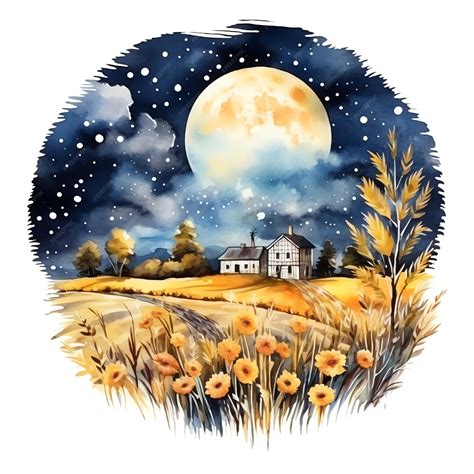 Premium AI Image | beautiful Harvest moon in the night sky watercolor ...