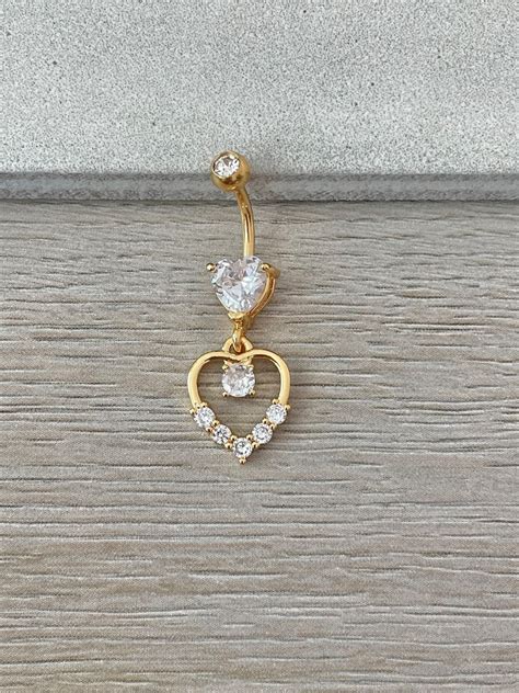 Heart Crystal Gold Dangly Belly Button Ring Cute Delicate - Etsy