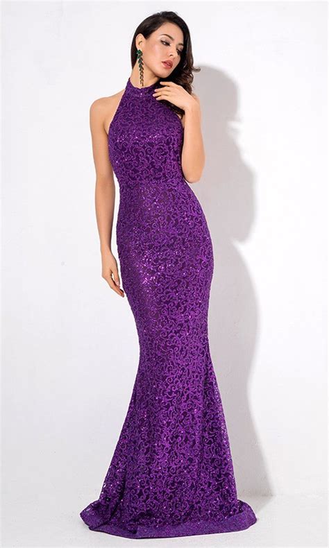 Plum Passion Purple Glitter Sleeveless Mock Neck Backless Halter Mermaid Maxi Dress | Deb ...