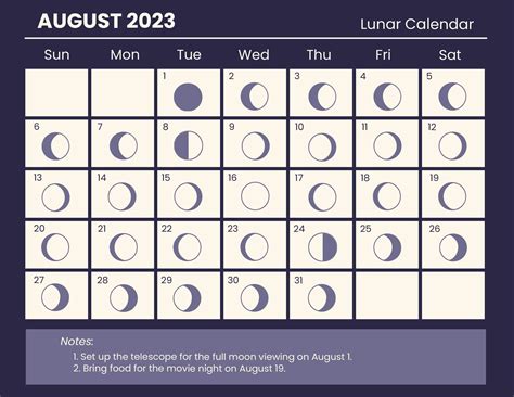 Lunar Calendar August 2023 in Google Docs, EPS, Illustrator, JPG, Excel ...