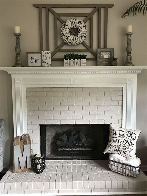 Painted Brick Fireplace and Mantle with Cotton Wreath | Home decor ...