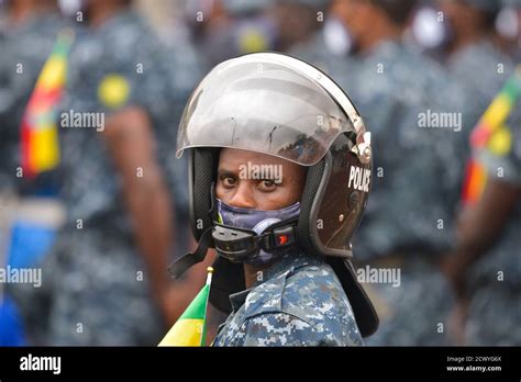 ADDIS ABABA, 30, Sept. 2020. Ethiopian Federal police officers during a military-style parade at ...