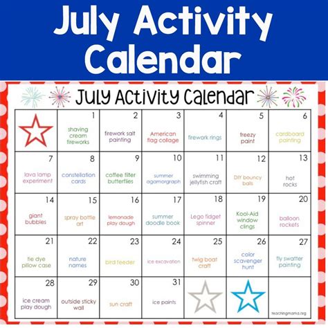 July Activity Calendar | July calendar, Calendar activities, Activities