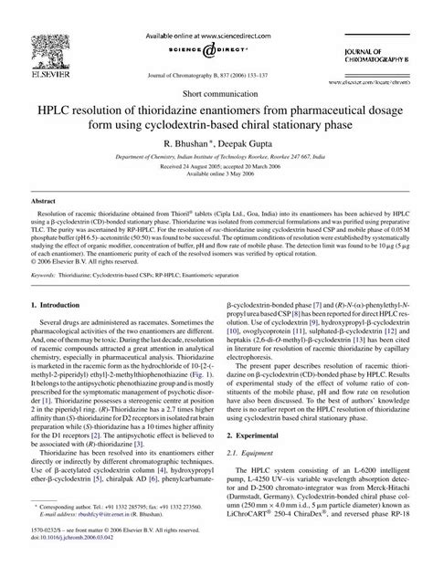 (PDF) HPLC resolution of thioridazine enantiomers from pharmaceutical ...