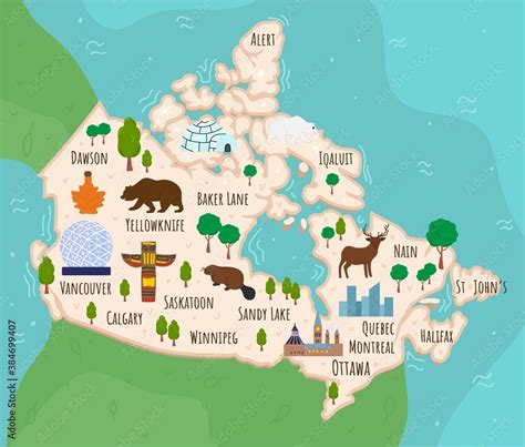 Cartoon map of Canada. Travel illustration with canadian landmarks ...