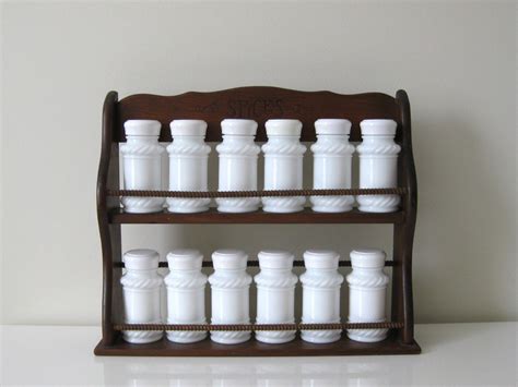 Vintage Spice Rack with Milk Glass Bottles