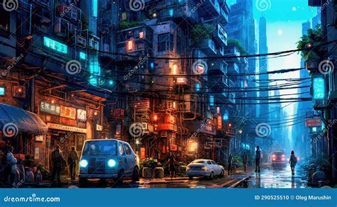 Lovely Anime Cyberpunk City Painting, Digital Painting, Night. Generative AI Stock Illustration ...