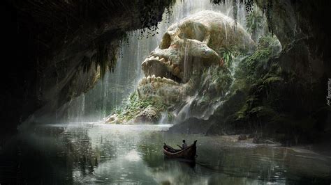 Fantasy, Jaskinia, Czaszka, Łódka | Fantasy landscape, Fantasy art, Skull island