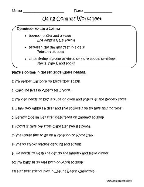 Practice With Commas Worksheet