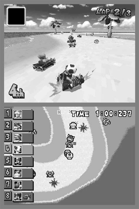 Simultaneous screens of Mario Kart DS, a racing game for the DS ...