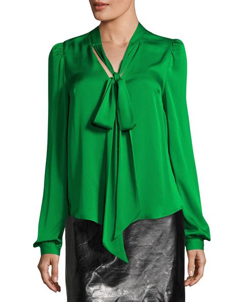 Lyst - Milly Long-sleeve Tie-neck Stretch-silk Blouse in Green