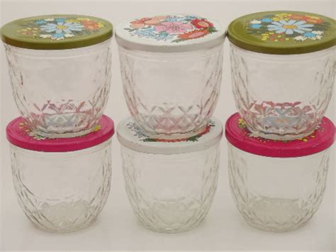 Vintage Ball quilted crystal glass jelly jars w/ retro flower print lids