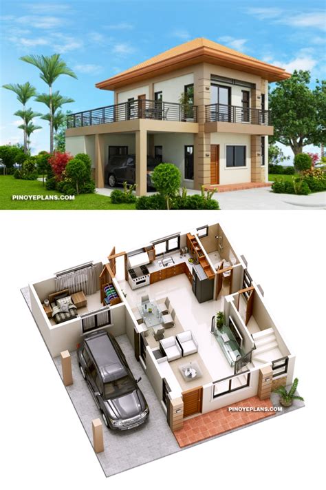 two story house plan with balcony and living room