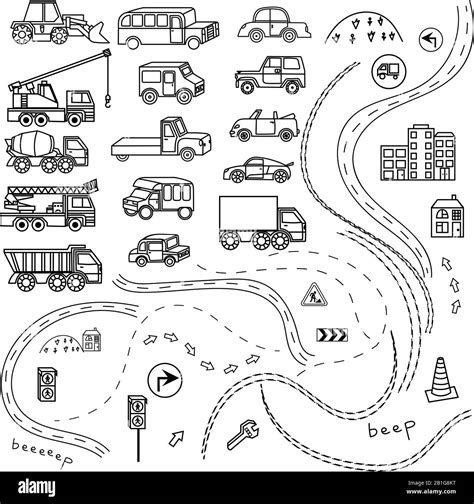 set of car black and white cartoon background, coloring book ...